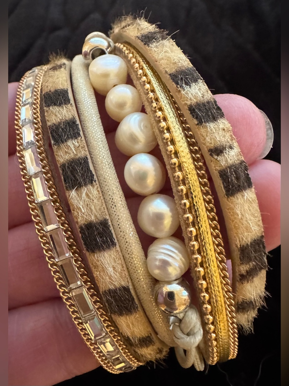 Pearl & Leopard Print Multi-Strand Wrap Bracelet